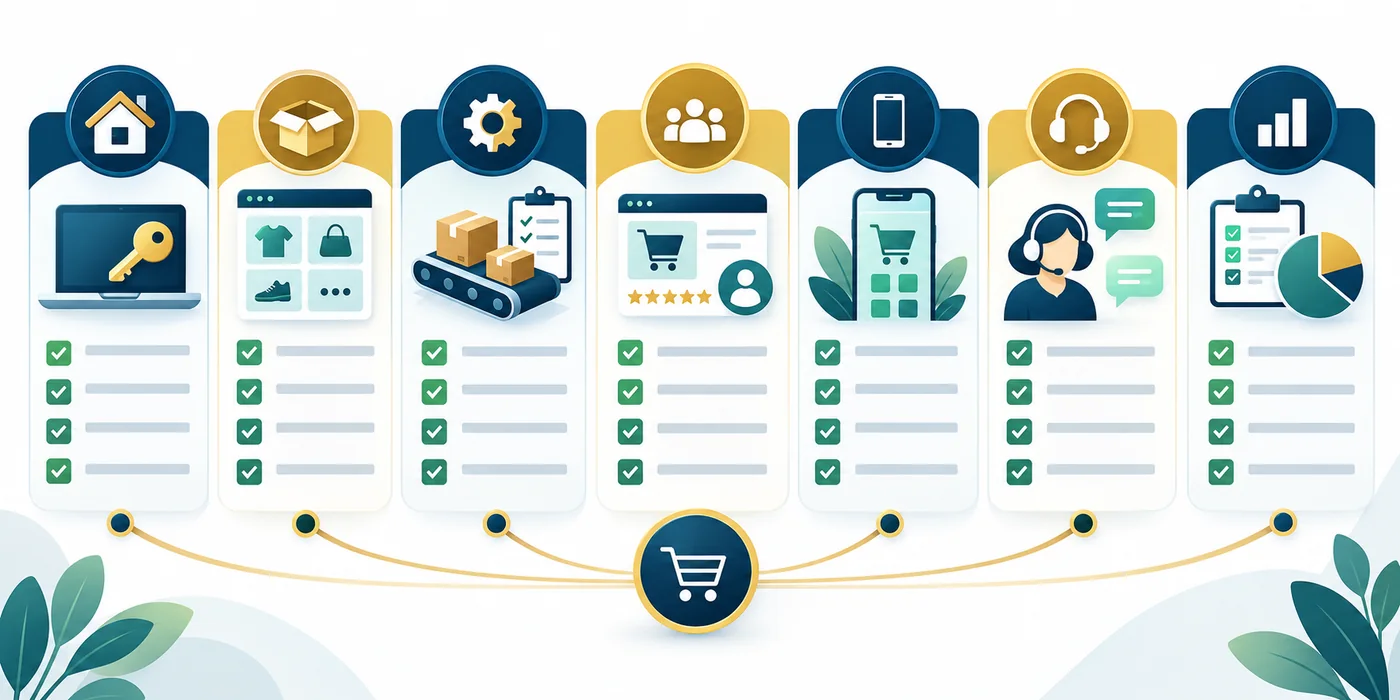 Visual checklist for comparing e-commerce platforms across products, orders, stock, delivery and support