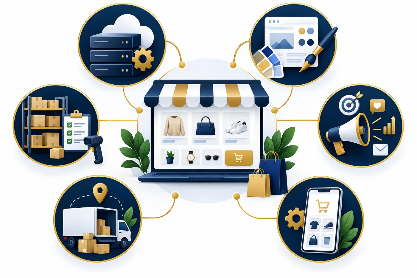 Diagram separating an online-store budget into platform, content, operations, delivery and marketing