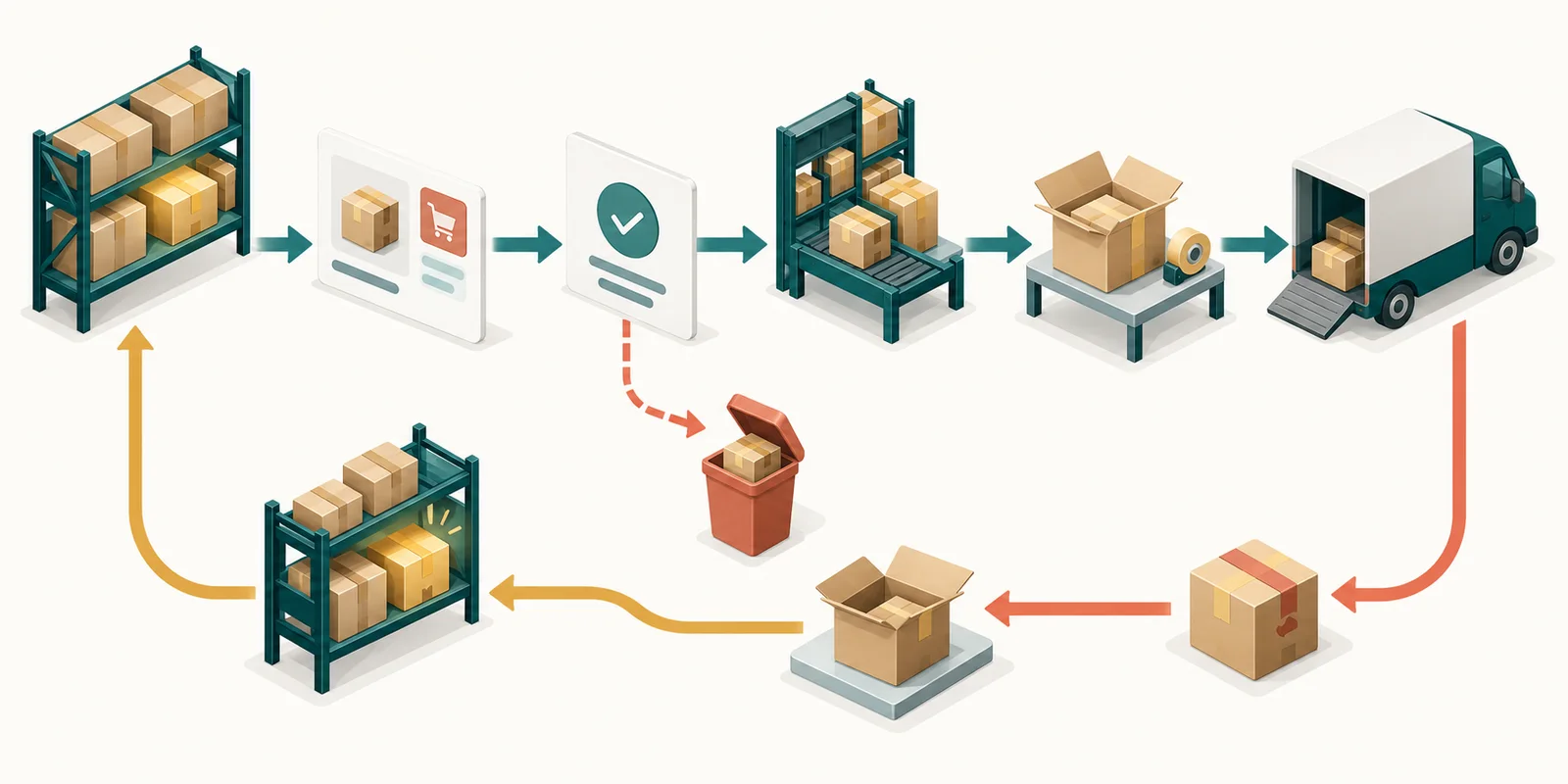 Workflow connecting orders, inventory, packing, delivery and returns