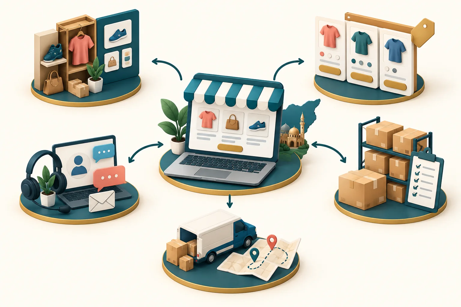 Foundations for launching an online store including products, orders, stock, delivery and customer support