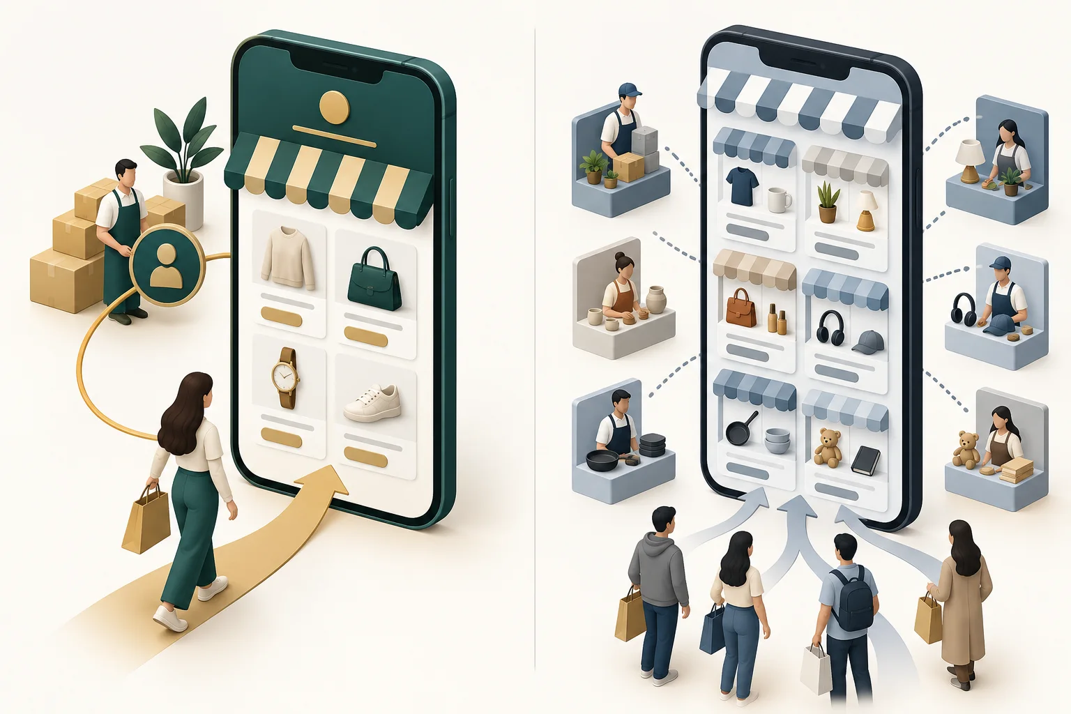 Visual comparison between a dedicated store app and a multi-vendor marketplace