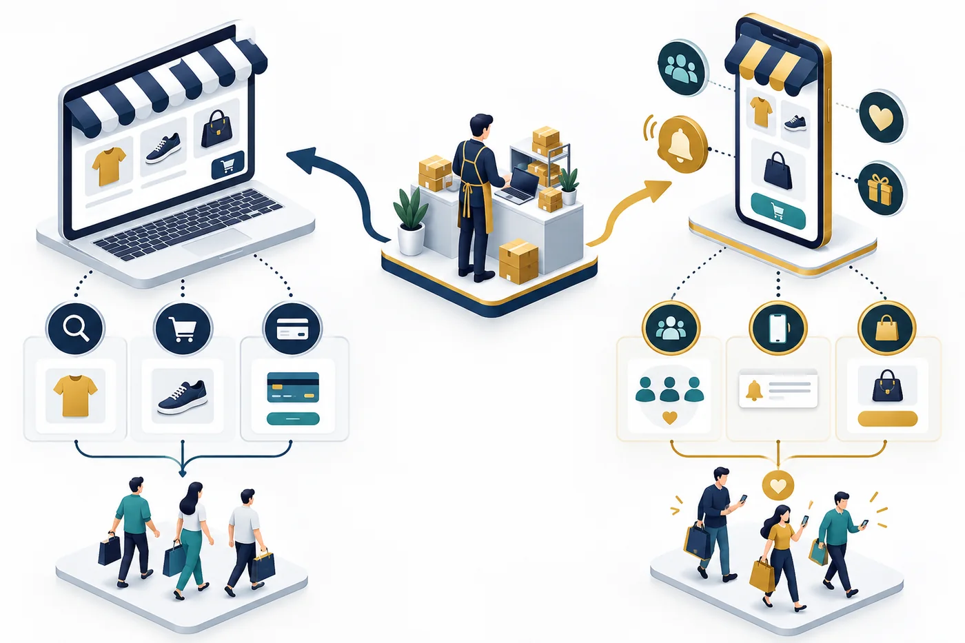 Visual comparison between opening an online store in a browser and using a dedicated branded store app