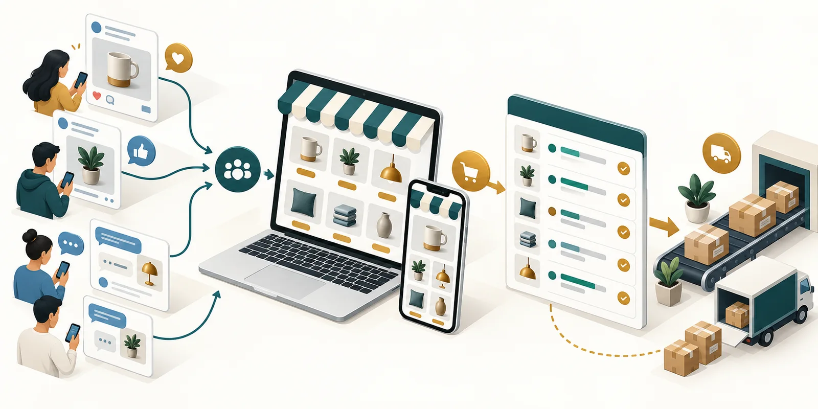 Social discovery and messages leading customers into an organised online store and order workflow